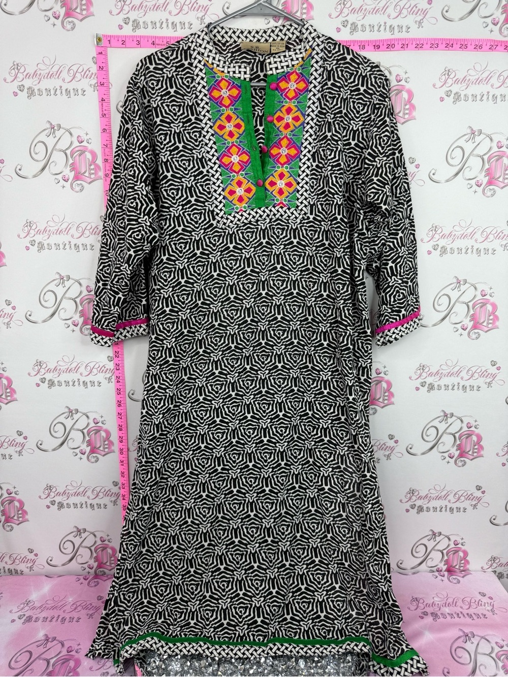 S.R FASHION Embroidered Black & White Geometric Midi Dress with Colorful Yoke